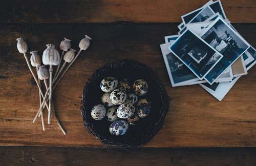coffee table white-and-black quail eggs on brown wicker bowl furniture